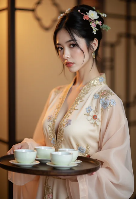 close up of a A graceful Chinese lady-in-waiting, captured in a realistic style. She wears a traditional yet revealing dress in soft pastel hues, adorned with intricate floral embroidery and golden threadwork. Her dark hair is styled in a refined updo with jade hairpins and delicate blossoms. She gently serves a tray of tea to the viewer. Her expression is serene, with a calm focus on her task. The background suggests an elegant palace setting with traditional wooden screens and subtle floral arrangements. Warm, soft lighting casts a gentle glow on her, enhancing her composed demeanor. The scene exudes an aura of grace and quiet elegance, reflecting her refined role and skill within the palace life.
<lora:aidmaHyperRealismV0.2:1> aidmahyperrealism <lora:anime_martzv2:0.6> anime_martz