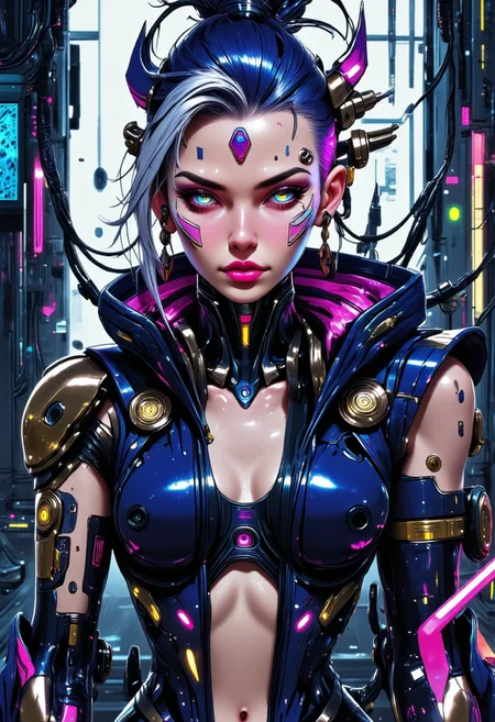 A digital artwork in the style of cknc, striking cyberpunk engineer girl, asymmetrical platinum dark blue gradient hair with undercut, heterochromatic eyes (one natural amber, one advanced cybernetic with purple glow), sharp features with metallic face implants, smooth skin, perfect body, iridescent cyber tattoos, wearing a cropped high-tech armored vest with glowing power lines, cargo pants with transparent holographic panels, exposed midriff with subtle bio-mechanical implants, athletic build with medium bust, standing in anti-gravity repair bay, assembling a hovering combat drone, surrounded by floating holographic blueprints and suspended robotic parts, industrial sci-fi environment with massive window showing futuristic cityscape, dramatic rim lighting with purple and teal accents, suspended cables and antigravity tools around, (detailed mechanical elements), (hyperrealistic), (studio quality), (sharp focus), (volumetric lighting), cinematic composition, intricate details, professional lighting