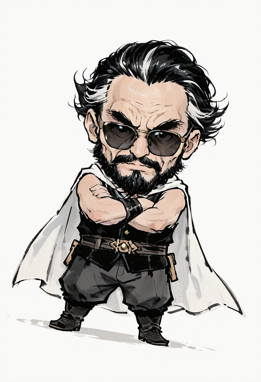 1boy, old man, white cape, chibi, sunglasses, white background, male focus, black hair, streaked hair, full body, male focus, thick eyebrows, beard,
BREAK
spread fingers,palms towards viewer, crossed arms, dancing, dutch angle, black vest, sleeveless,
BREAK
best quality, masterpiece, very aesthetic, absurdres, highest detailed, very awa, detailed background, <lora:Ink_wash_painting_style_v2.0:0.8>