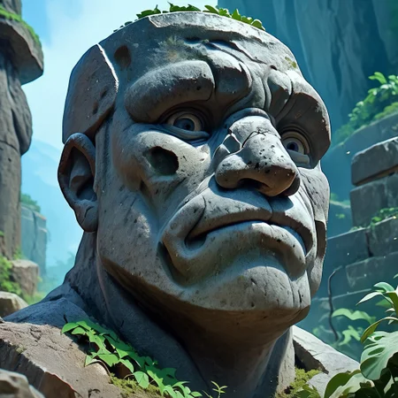 score_9,score_8_up,score_7_up,
giant rock GOLEM with plants growing on shoulders, rough rocks, rough stone, unpolished, dirty, ancient, STANDING, Moai face, Moai Statue, Moai face,