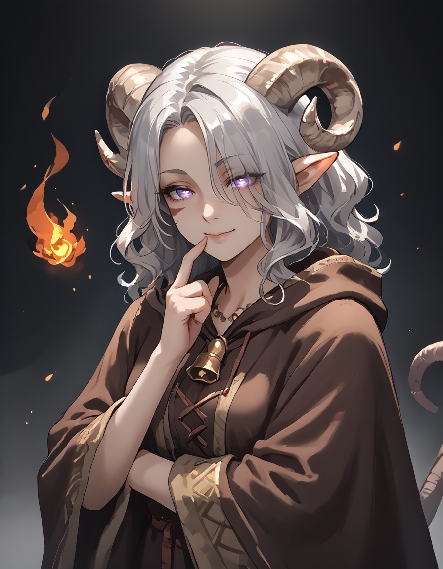 cowboy shot,  pointy ears, tiefling, silver hair, ivory sheep horn,  open eyes, solo, hitodama,
silver long wavy hair, bell necklace, short pointy ears, purple eyes, <lora:age_slider_v4:1> purple pupils,rat tail, shirt,  purple eyes, <lora:Test_Diana:0.7> tiefling_bard_diana,
parted bangs, hair over one eye, open eyes:1.5, smile,  shushing,  looking up, 
dark background,  dim:1.2,  <lora:Hitodama:0.7>  Hitodama:1.45, medival brown robe, medival,  <lora:Travlers_Poncho:0.4> cloak , hood ,   finger to mouth,
from side :1.4 , looking at viwer,   glowing eyes, <lora:whisker_markings:0.8>red whisker_markings:1.7,
flame , 
source_anime:1.4,score_7_up, source_furry, <lora:EgakaPony:0.2> <lora:dark_v1.9-pony:0.3> dark theme, dim lighting, black theme,