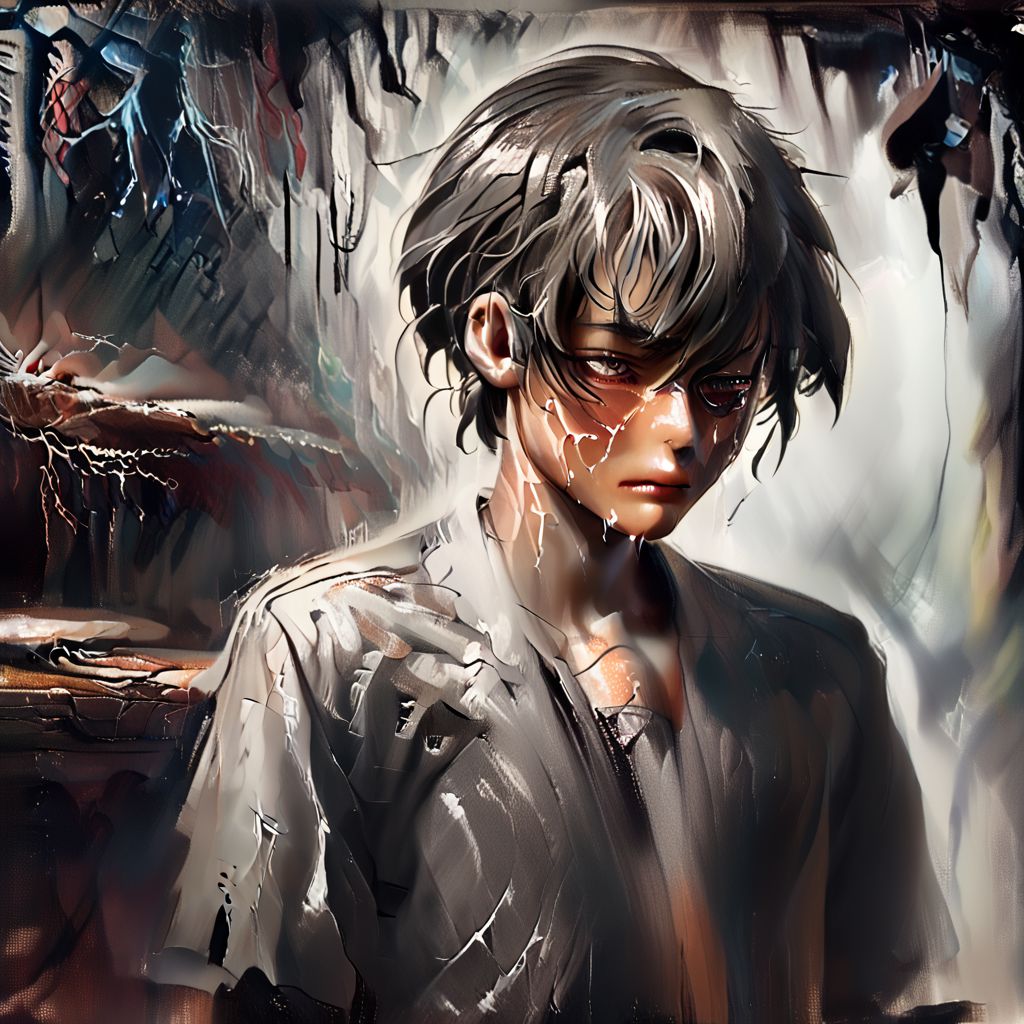 (Dark mass erupting from skin), Figure writhing in distress, Ominous, shadowy surroundings, Cold, sterile architecture, inside a dystopian city, solo, 1man, grey blonde hair, short hair, bangs, Distressed facial expression, Crumbling personal boundaries, glowing cracks, cracked skin, shattered skin, fractured skin, broken skin, Black ooze from wounds,  halsman, leather jacked,