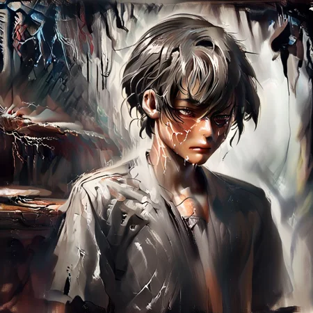 (Dark mass erupting from skin), Figure writhing in distress, Ominous, shadowy surroundings, Cold, sterile architecture, inside a dystopian city, solo, 1man, grey blonde hair, short hair, bangs, Distressed facial expression, Crumbling personal boundaries, glowing cracks, cracked skin, shattered skin, fractured skin, broken skin, Black ooze from wounds, halsman, leather jacked,