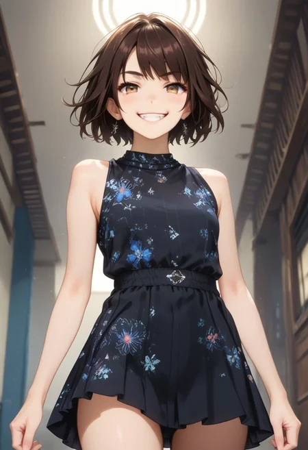 Action Scene, Action Pose, score_9, score_8_up, score_7_up, realistic, masterpiece, best quality, highly detailed, Expressiveh, flushed, Leg,
1girl, hinase hotaru, (/A Condition Called Love)/, (ultra HD quality details), dark brown hair, short hair, (brown eyes)
Floral, Floral pattern, short gown, gown, sleeveless
Low Angle View, smug smiling, Bangs, darkness, blushed skin, galaxy vortex, translucent hair, smug Smile,