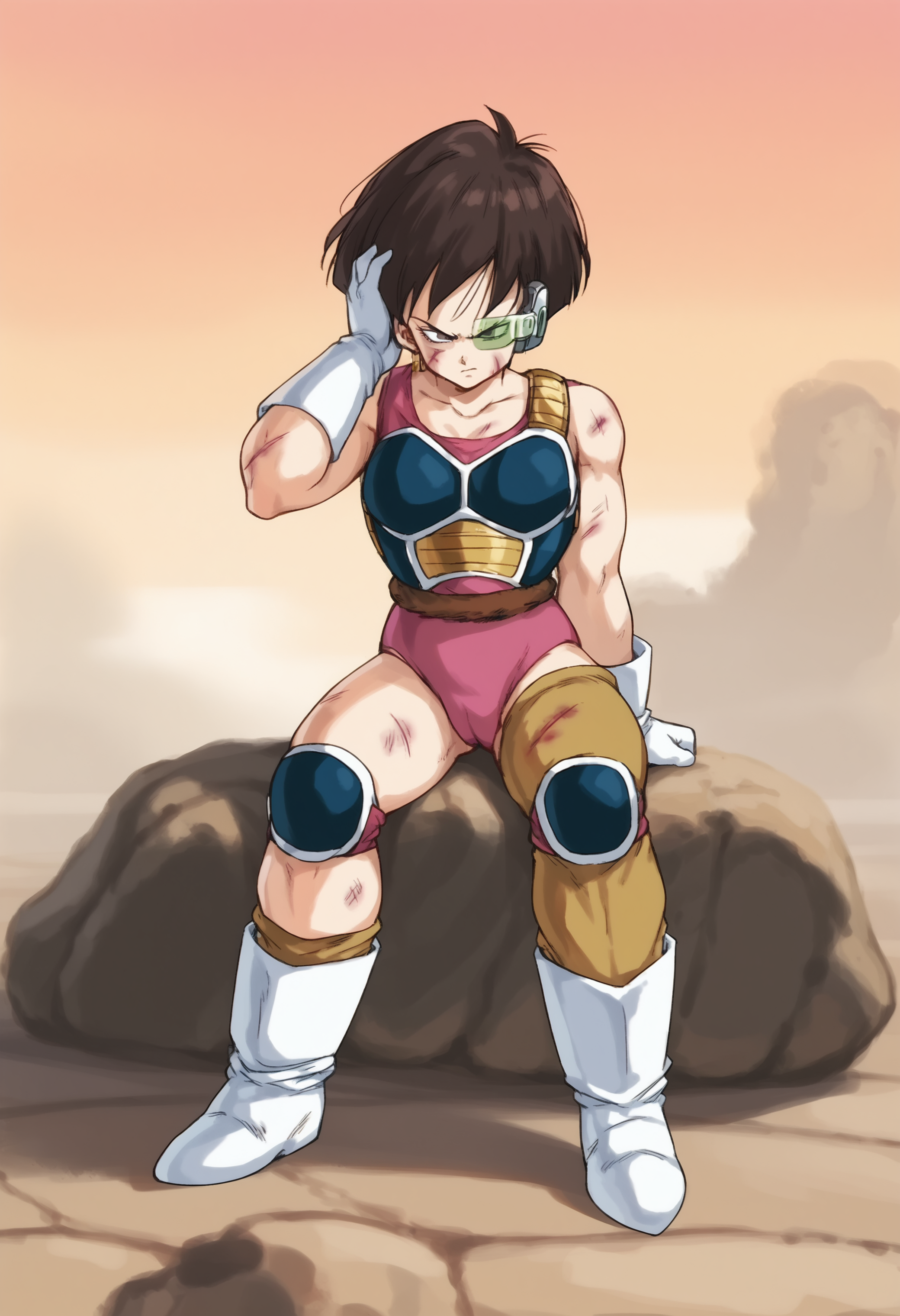 score_9, score_8_up, score_7_up, score_6_up, source_anime, dutch angle, (seated in a rock),  1girl, full body, muscular <lora:Fasha:1> fasha, Saiyan Armor,  gloves, boots,  serious, short hair, eyewear, monkey tail, pink leotard, (looking down sad), dirty face, bruised, tored apart cloth BREAK  seen from below, (sideview:0.7), (grand canyon in background), hand holding head, <lora:DragonBallSeason1_v3:0.5>, drgbls1