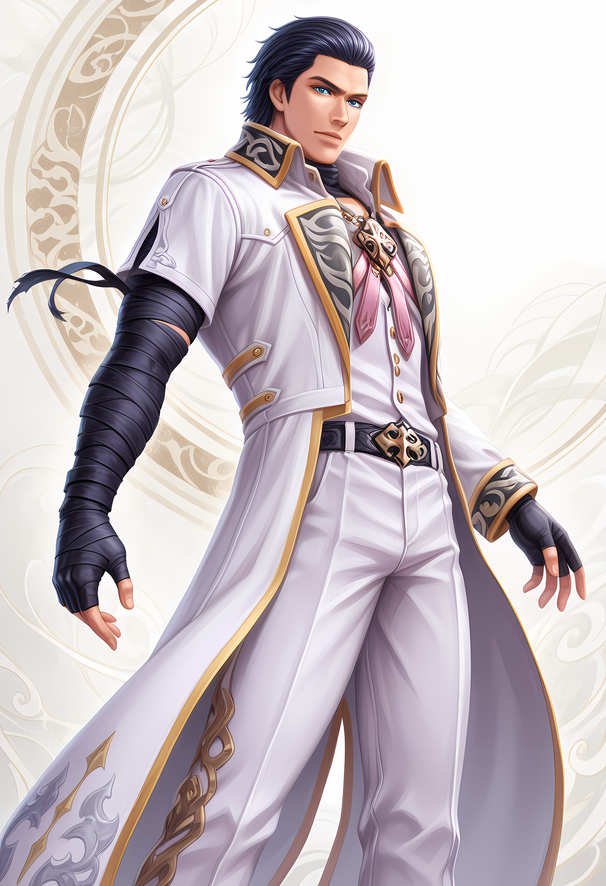 masterpiece, best quality, amazing quality, dutch angle, abstract background, BREAK
solo, male, 1boy, tek_claudio, black hair, blue eyes, long white coat, white pants, black arm bandage, BREAK
 <lora:cfg_scale_boost:.6>   <lora:Claudio_Serafino_-_Tekken_-_ILXL:1>