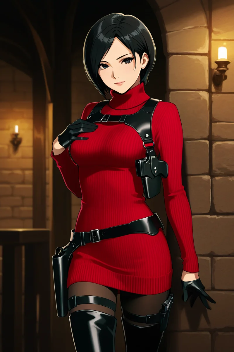 <lora:ada_wong_re_illus:0.7> ada wong, black hair, short hair, black eyes, medium breasts, red sweater, turtleneck, chest harness, pantyhose, black gloves, half gloves, black belt, pistol holster, 1girl, solo, looking at viewer, smile, thighhighs, jewelry, standing, weapon, boots, belt, black footwear, lips, gun, thigh boots, bob cut, high heel boots, sweater dress, thigh holster, asian, shoulder holster, black thighhighs, anime coloring, pistol holster on belt, medieval cities, more detail, cowboy shot, hand grabbing chest,