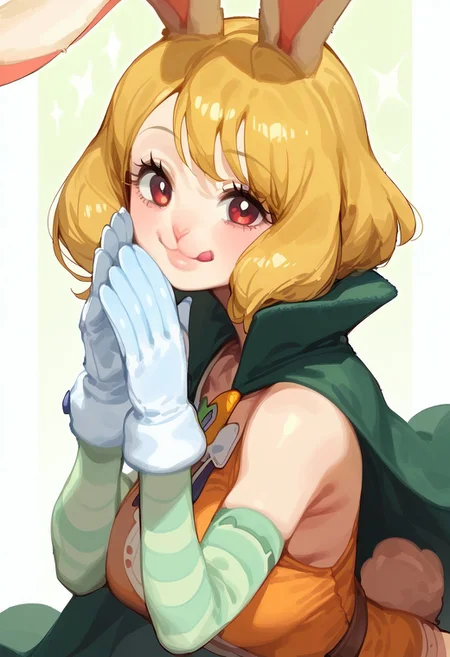 CarrotXLP, rating_explicit, score_9. score_8_up, score_7_up, 1girl, solo, horns, looking at viewer, pointy ears, cute pose, short hair, striped sleeves, glowing eyes, from side, closed mouth, breasts, Kartoon,
Expressiveh, gl0ss, solo, mature face, milf, sexy lips, smile, sexy smile, girl, red lightings, mature face, small face, orange short dress, bare shoulders, green cape, white gloves, open clothes, blonde hair, rabbit ears, rabbit girl, furry female, Opcarrot, rabit mouth, happy, :p, tongue out, big smile, happy pose