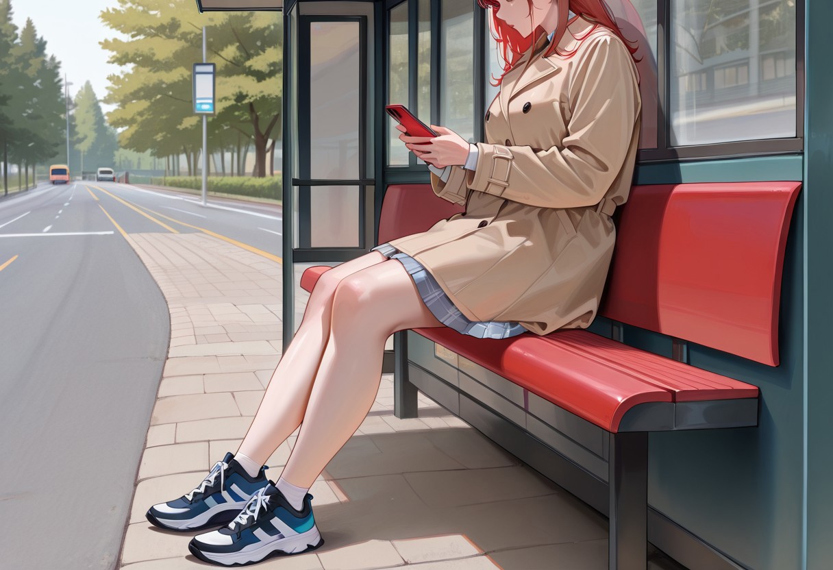 (masterpiece, newest, high quality, best quality, very awa, very aesthetic, ultra detailed, realistic), hyperrealistic, (UHD quality details), bus_shelter, close up, 1girl, sitting,  on red bench, holding phone, skirt, sneakers, coat, outdoors, road, trees, depth of field, 8k uhd, absurdres, volumetric lighting, tack sharp focus, beautiful composition, intricate detail, professional illustration