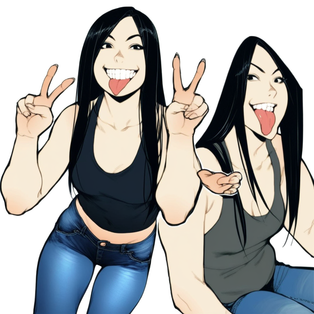 long hair, swimsuit, teeth, white background, v, 1girl, tongue, grin, jeans, tank top