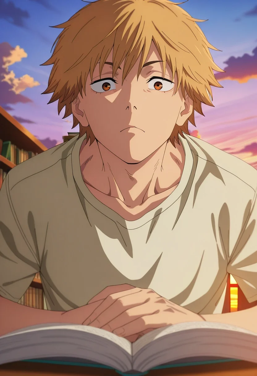 masterpiece, best quality, , anime screencap, anime coloring, official style, looking at viewer, 1boy, solo, male focus, <lora:denji_chainsaw_man_ilxl:0.96>, denji_chainsaw_man, blonde hair, brown eyes, short hair, bangs, , sky library, cloud shelves, wind halls, reading nests, studying pose, absorbed expression, sunset,