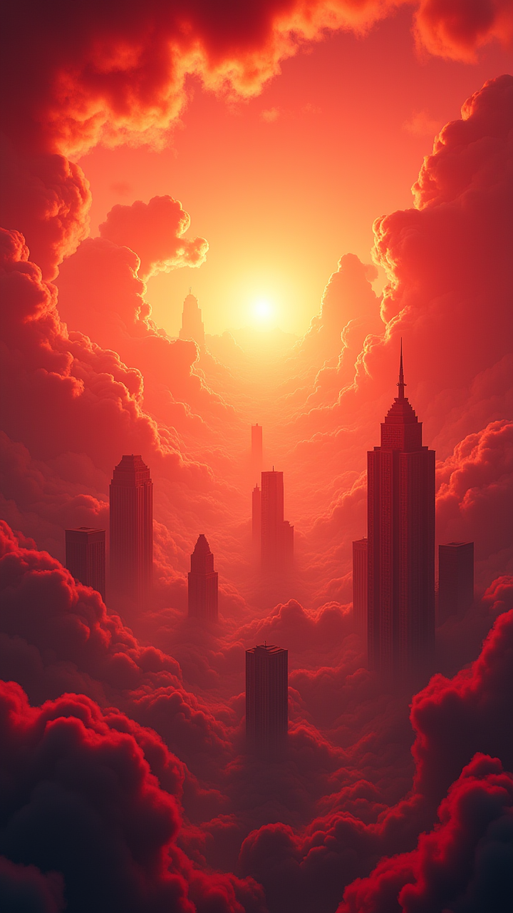 a vast expanse of red and orange clouds stretches out before the viewer, dotted with towering skyscrapers made of stone. The sun beats down on the scene, aidmaMJ6.1