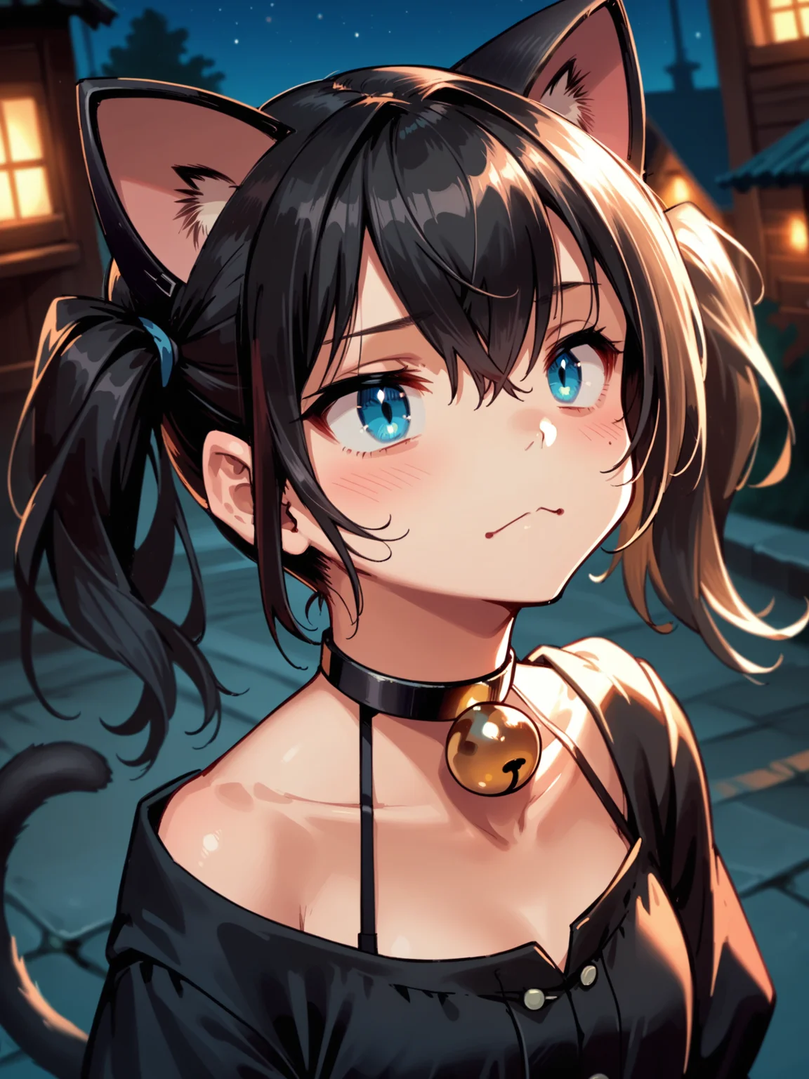 (upper body, solo focus:1.1) <lora:happy_tentacle-halloweengirl-v0.1-000045:1>, ht_halloweengirl, (flat chest:0.7), black hair, blue eyes, choker, neck bell, jingle bell, twintails, cat ears, cat tail (petite:1.2), ( :1.1) ( (head back :0.8) , (evil eyes :1.2) , ( :1.2) , , looking up :1) , outdoors, vegetation, ( :1.1), , (dusk :0.6), (blue sky:0.6) , (:0.5), , ( :0.9) (( from above :1.3) :0.8) score_9, score_8_up, score_7_up, score_6_up, score_5_up, score_4_up, ( [(realistic, photorealistic:1.3):(realistic:1.2):16] [(3d:1.2)::14] :1) <lora:LUUNA's Lunas-NijiJourney-SDXL-B2:0.35>, nijijourney <lora:prgfrg23's Counterfeit-V3.0 Style SDXL_LoRA_Pony Diffusion V6 XL:0.5> <lora:mfcg's mfcgXL:0.12> <lora:reweik's gyokai(himehajime)_PonyXL_style_v01:0.14>
