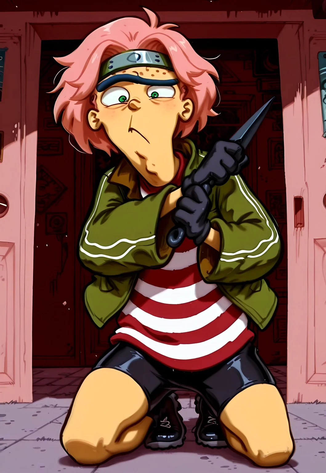 masterpiece, absurdres, newest, best quality, 8k, detailed, anime style, 1boy, solo, eddboi, mnbrow, (unibrow:1.2), green jacket, red and white striped shirt, bike shorts, shorts, black gloves, black shoes, short pink wig, black gloves, green eyes, (forehead protector:1.2), holding kunai, houses in the background,