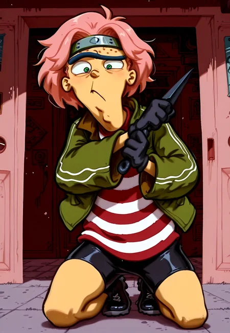 masterpiece, absurdres, newest, best quality, 8k, detailed, anime style, 1boy, solo, eddboi, mnbrow, (unibrow:1.2), green jacket, red and white striped shirt, bike shorts, shorts, black gloves, black shoes, short pink wig, black gloves, green eyes, (forehead protector:1.2), holding kunai, houses in the background,
