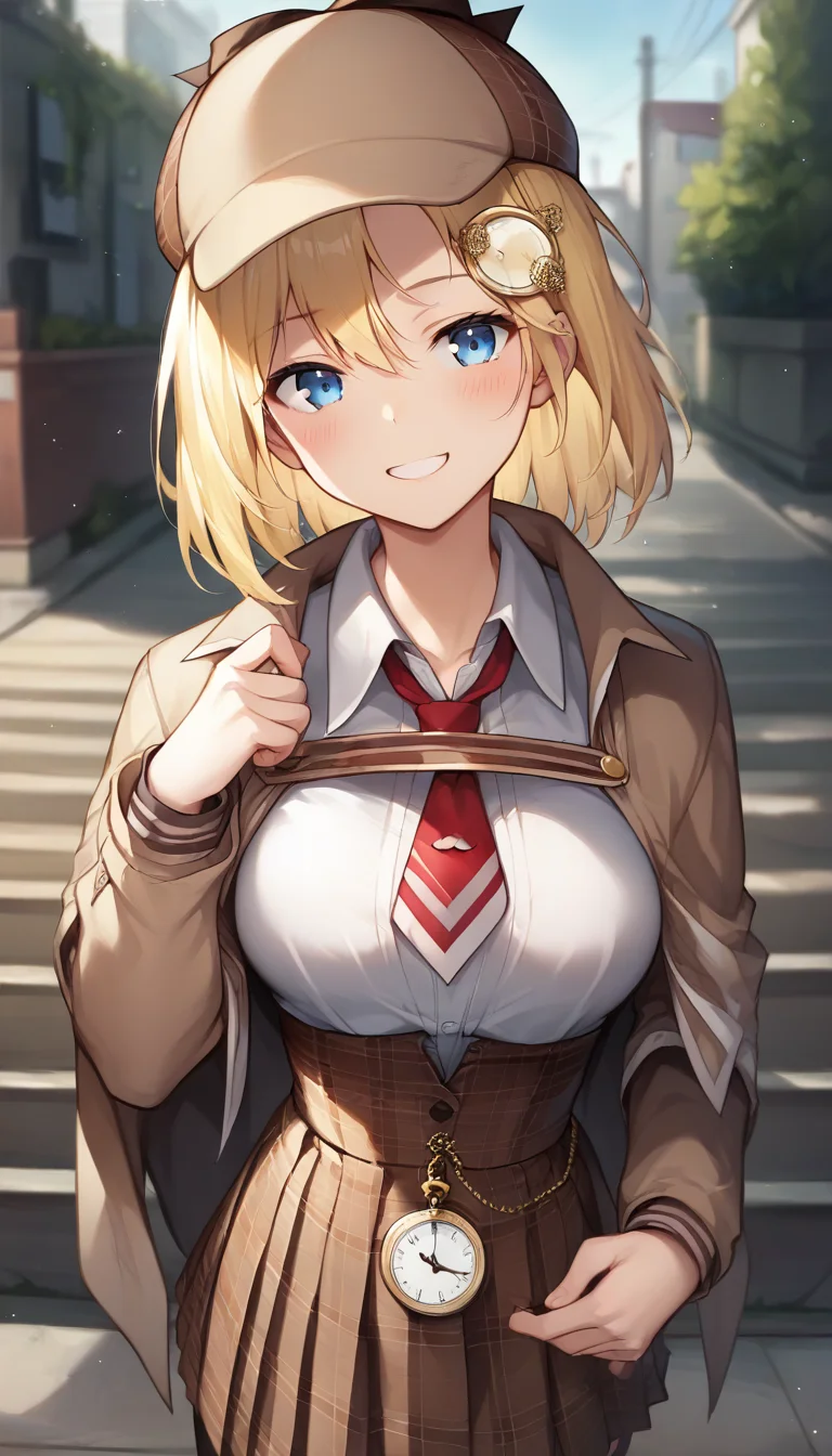 score_9,score_8_up,score_7_up,score_6_up BREAK official art,solo,outdoors,upper body,(portrait:1.5),looking at viewer,facing viewer,smile,blush,Watson Amelia,detective,brown headwear,blonde hair,medium hair,bob cut,monocle hair ornament,hair between eyes,parted bangs,blue eyes,collarbone,brown capelet,red necktie,short necktie,white shirt,collared shirt,medium breasts,skindentation,long sleeves,pocket watch,high-waist skirt,brown skirt,pleated skirt,plaid skirt,zettai ryouiki,thighs,black thighhighs,loafers,<lora:Watson Amelia(vtb)-Pony:1.4>,