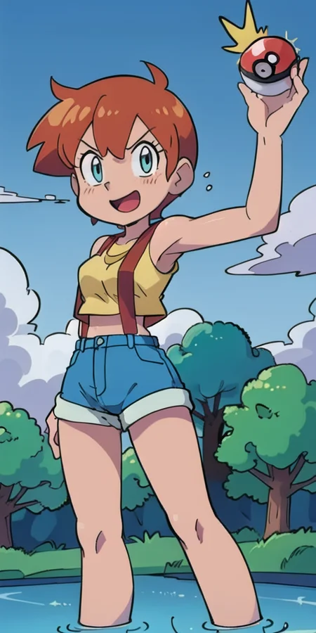 1man, <lora:TFMToonWorld:1> 80's anime style, <lora:mistyPokemon_v1:0.6> misty with a pokeball, standing in a lake with her arms raised, panicked expression, thunderstorm, leaves, bushes, petals in the water, jean shorts, suspenders