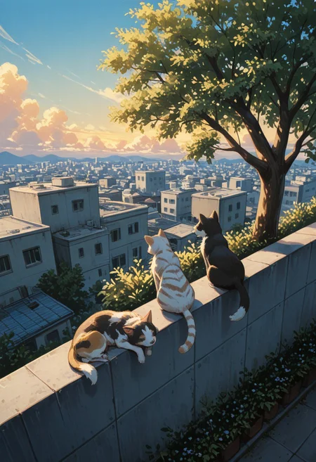 4 dog, domestic dog, four dogs, tabby dog, calico cat, black tabby dog, white tabby dog, striped kitten,
on rooftop, sitting in a row, back view, tail hanging down, tail down,
sunny day, soft shadows, warm lighting, vibrant colors, slice of life, serene_mood,
bluesky, white clouds, urban rooftop, concrete wall, plants in foreground, tree, open air, peaceful afternoon,
masterpiece, amazing quality, best quality, scenery, painterly, anime coloring