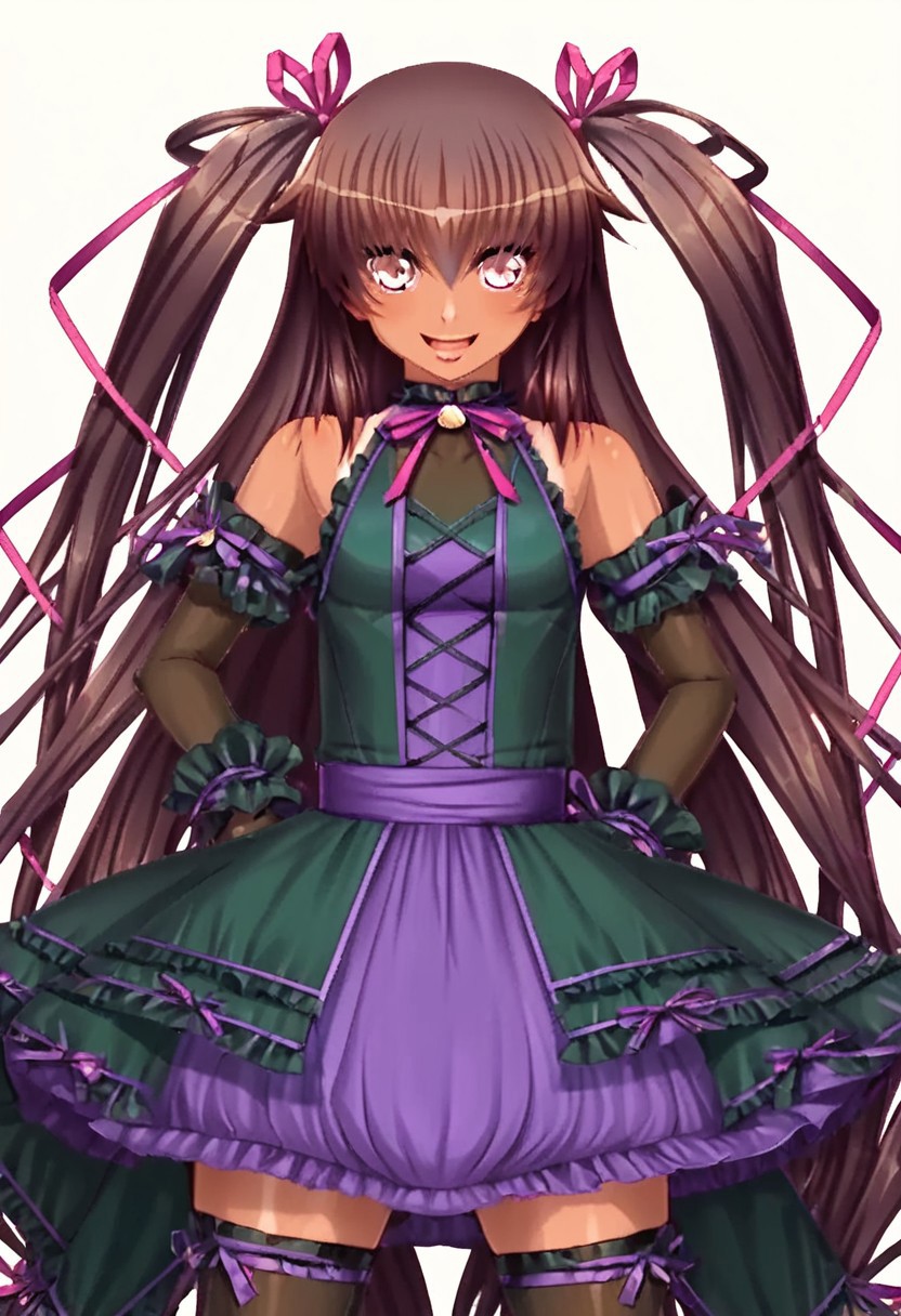 score_9,score_8_up,score_7_up,source_anime,5_figner,2d_animation,game cg,BREKE,1girl,solo,
mizuki yukikaze, pink eyes, dark-skinned female, very long hair, brown hair, two side up, hair ribbon, pink ribbon, one-piece tan,
dress,zettai ryouiki,ltfashion,hair ribbon,frills,bare shoulders,detached sleeves,bow,dress,frilled dress,elbow gloves,black thighhighs,frills,gothic,
smile,cowboyshot,openmouth,
simple background,white background,
masterpiece,best qualit,ultra-detailed,illustration,an extremely delicate and beautiful,beautiful detailed eyes,unity 8k wallpaper,high resolution,anime CG,official_art,Erotic_style, anime_coloring, anime_screencap,
