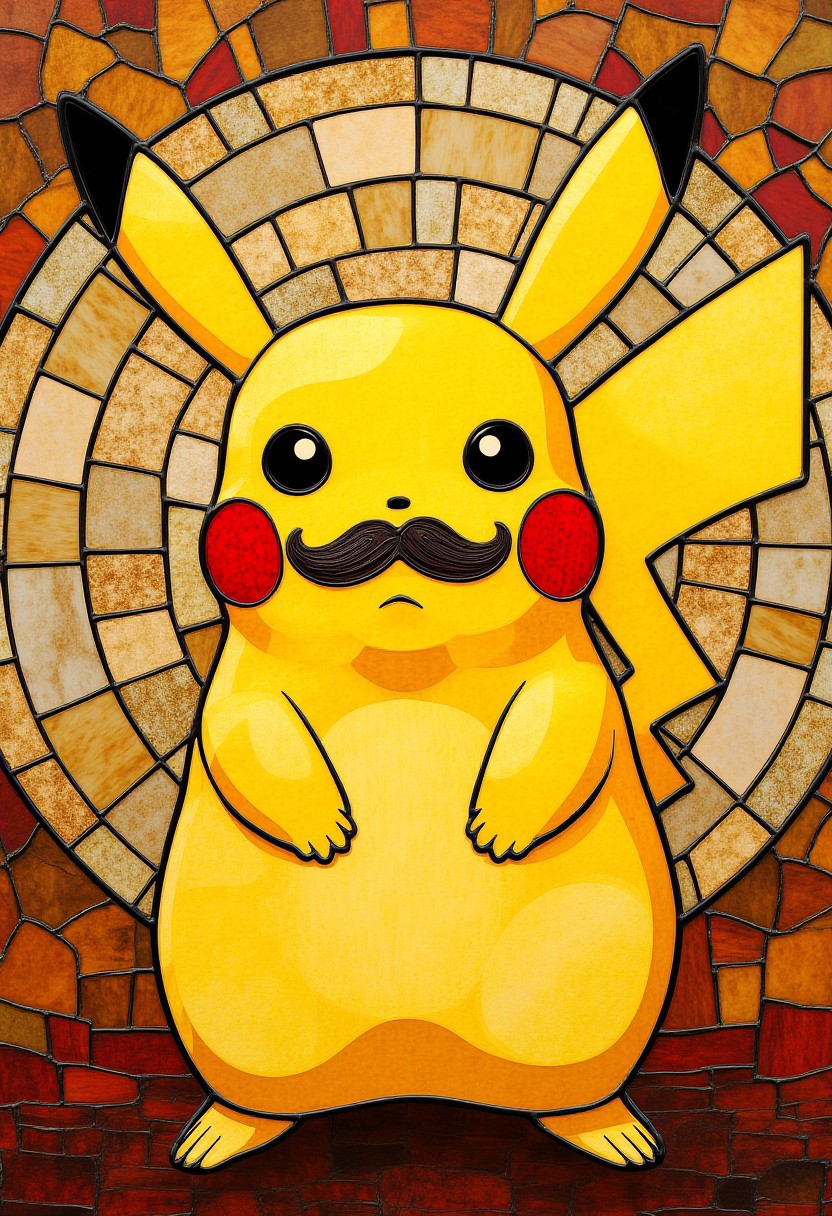 Pikachu with a mustache, stained glass style