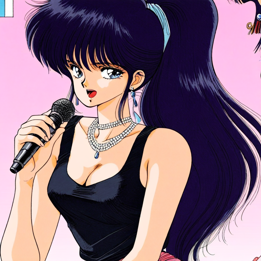 mkd_manga,  1girl, long hair, solo, black hair, ponytail, cleavage, singing, holding microphone black tank top, necklet, earring, retro artstyle,  close-up shot, look at viewer