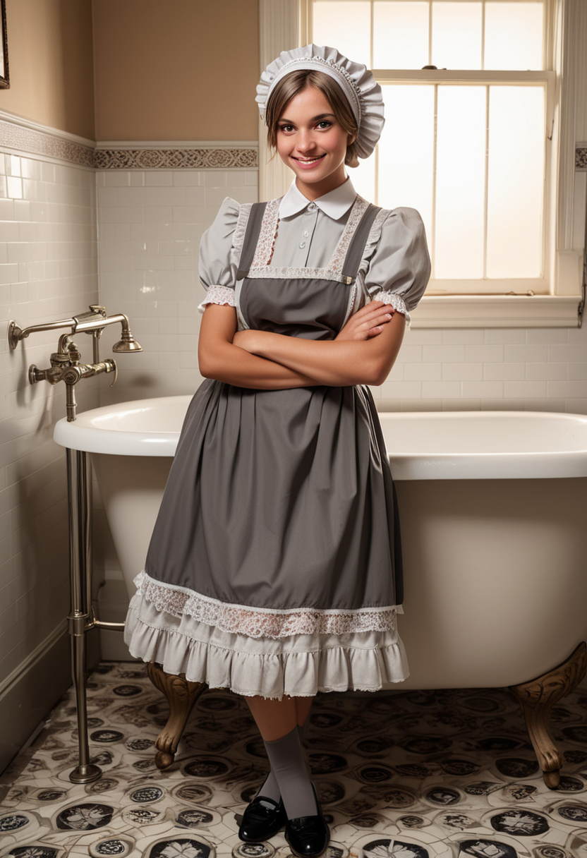 (medium full shot) of (supermodel maid) young woman, Average build, short hazel pigtails hair, persian, tan skin, light brown eyes,  wearing maid headscarf, gray short-sleeve blouse with lace trim, ruffled skirt, apron with lace trim, silk stockings, oxfords with simple design, light eyeshadow, carrying a feather duster, set in  a vintage bathroom with a clawfoot tub, patterned tiles, antique fixtures , at sunset, woman smiling, detailed face, ,Masterpiece,best quality, raw photo, realistic, very aesthetic