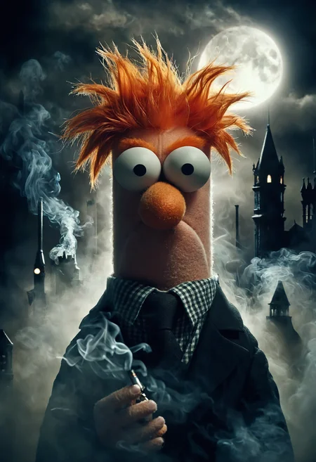 ral-ertmsphr otclillsn carcosa city style, cybersecurity meme, data flows, dynamic movement, A sinister close-up portrait silhouette of the muppet Beaker with a wicked frightened expression holding a lit cigarette, surrounded by smoke, double exposure, sharp bat-like pieces of him are breaking away in the smoke, detailed terrifying surreal, dreamlike style with darker color tones, looking curiously malevolent, By Yoji Shinkawa   <lora:add-detail-xl:1> <lora:BeakerLoraXL:0.6> BeakerLoraXL, orange hair, surprised, gotham city rising far above in the sky
 <lora:ral-ertmsphr:0.8> <lora:carcosa city style v2:0.9>
