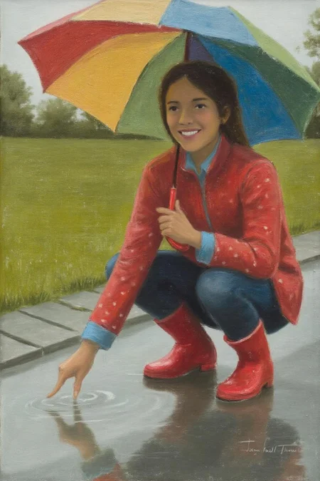 jeanpaullemieux1 painting.
A young woman, angled from slightly above and to the right, crouching low to the ground in a puddle. The young woman is wearing bright red rubber boots and a red jacket with white polka dots. The jacket sleeves are pushed up to reveal blue cuffs. The young woman also wears dark blue jeans and has a smile on her face as she extends her right index finger to touch the water in the puddle. Above the young woman is a large, open umbrella with rainbow-colored panels and a red handle. The ground is wet and paved with grey stones, reflecting the sky and umbrella. The background is slightly blurred, showing hints of green grass and trees. The lighting is overcast and diffused, typical of a rainy day. <lora:jeanpaullemieux1_cap_d6a3e8:1.0><lora:841090811727768294:0>