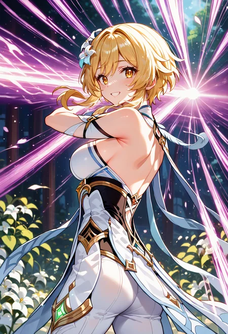 score_9, score_8_up, score_7_up, source_anime, perfect anatomy, ((outlined outlined vector graphics)), ,cute face,
1girl, lumine_\(genshin_impact\),blonde hair, hair flower, short hair, long locks, white flower,floral hair ornament, back view , looking down , large breast, slender, looking at viewer, ,focus her face,,wide shot, detailed background, outdoors,(glow eyes:0.9),fantasy,, standing , action pose , energy beam, openai beam, smile ,<lora:genshin_v4:0.55>, <lora:openai-beam-003:1.0>, (clothed:1.3),pants,
shooting a beam,red purple beam , ,