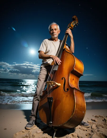 A detailed high resolution cinematic photograph of an old jazzman playing a double bass (at night:1.3) on a sandy beach. The double bass appears vintage with a wooden body and a rustic, worn finish. The sky is starry with a beautiful moonlight reflecting off the sea in the background. The man, who appears elderly, has medium dark skin and is wearing a light t-shirt with a grey pants and dark sneakers. The ocean waves gently lap against the shore, creating a serene and peaceful atmosphere. The man's posture and natural surroundings suggest a moment of leisure and musical enjoyment on a (beautiful summer night:1.3). Moon light and shadow playing.