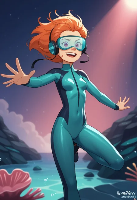 score_9, score_8, score_7, score_6,
triplevexx, solo,
Character Description: A young woman with bright coral hair and a playful smile.
Outfit: A sleek, form-fitting wetsuit with fins and a diving mask.
Action: She is swimming with dolphins, reaching out to touch one.
Background: A vibrant coral reef teeming with colorful fish and marine life.