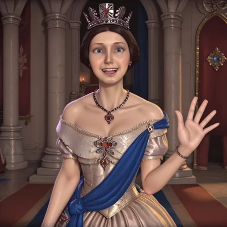 victoria empire, blue eyes, solo, 1girl, throne room, castle interior, stone castle, empire dress, empire hat, empire jewelry, waving, eyes open, happy