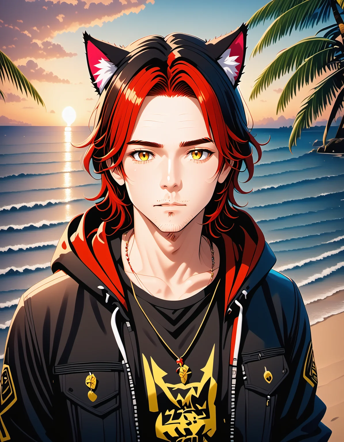 PonyXLV6_Scores ,25d Style, solo, long hair, looking at viewer, shirt, black hair, 1boy, animal ears, jewelry, collarbone, jacket, yellow eyes, upper body, male focus, red hair, outdoors, open clothes, sky, cloud, cat ears, hood, water, necklace, tree, black jacket, animal ear fluff, parted bangs, black shirt, facial hair, ocean, beach, hood down, hooded jacket, beard, pendant, sunset, palm tree, stubble,  <lora:25DPDXL:1>