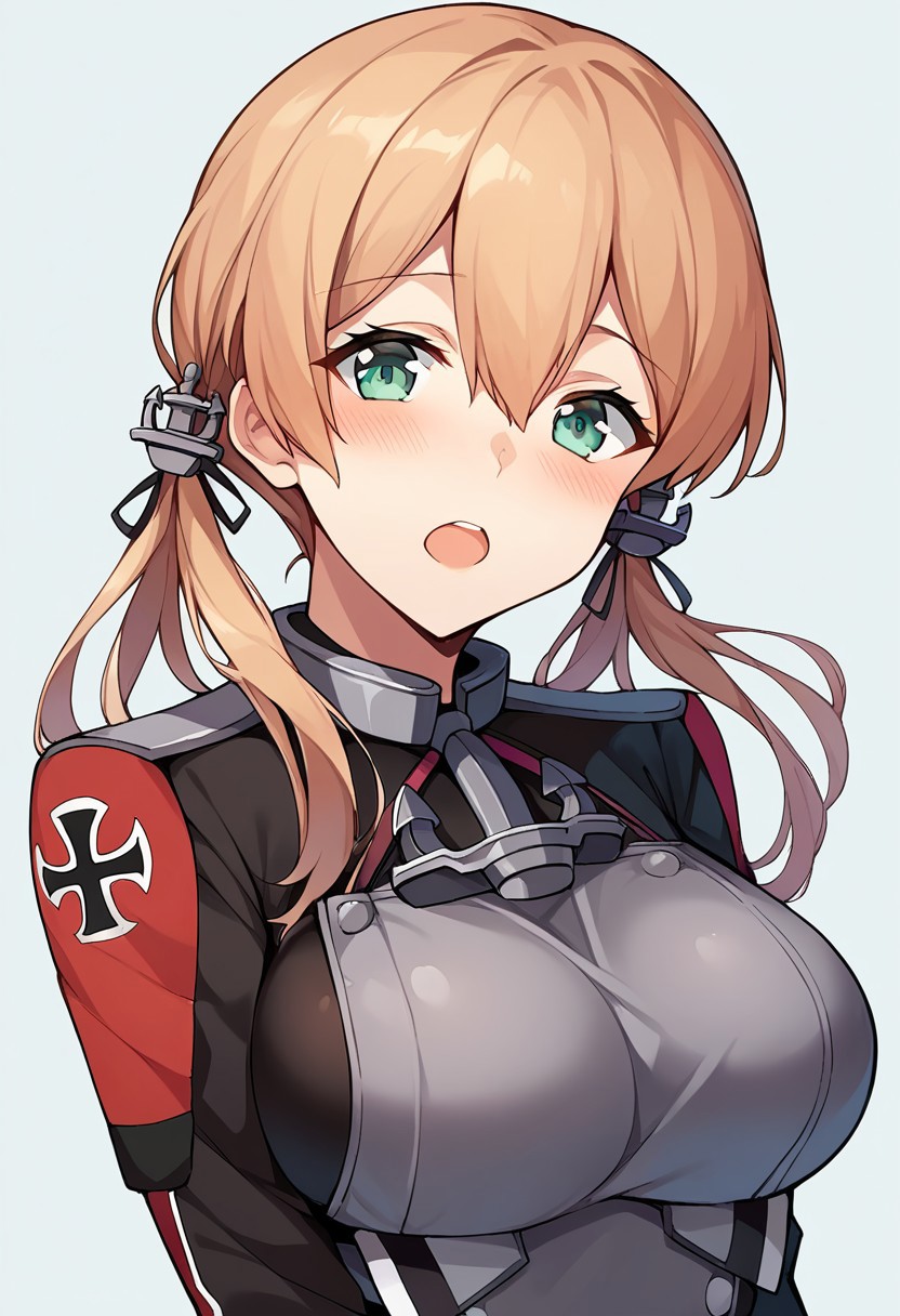 score_9, score_8, score_7, source_anime, prinz eugen (kancolle), low twintails, anchor hair ornament, 1girl, blush, solo, looking at viewer, large breasts, open mouth