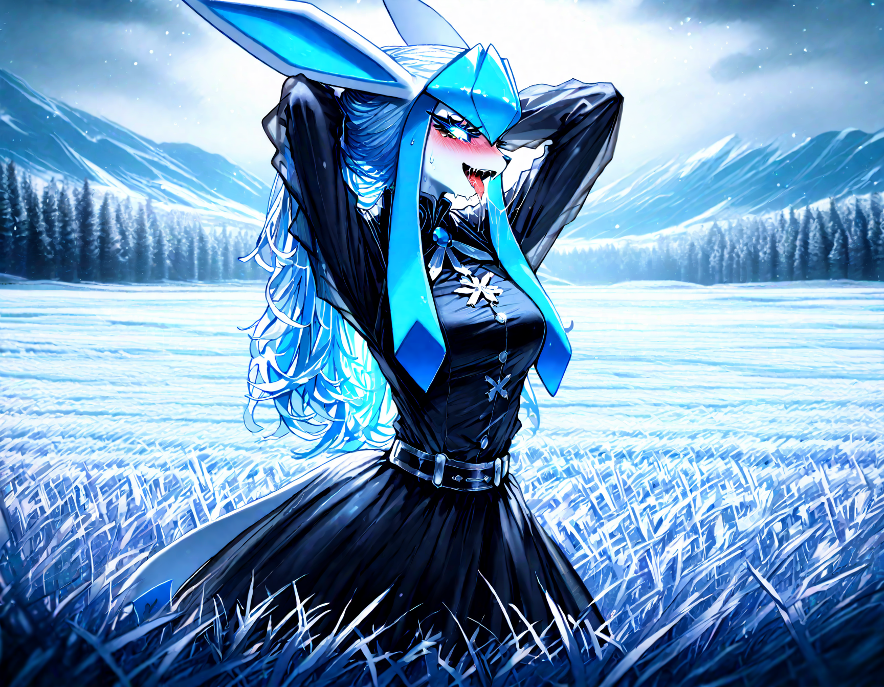 pokemon, glaceon , 1girl, ban! \(bansankan\):0.7, quasarcake:0.8, wlop:0.9, animal_ears ,animal_nose,blue_fur ,blue_hair ,blue_sclera, blue_sky ,blue skin,blue_theme, blurry, blush, body_fur, breasts,colored_sclera, cowboy_shot ,  fang, furry ,furry_female,  happy , medium breasts, looking_down , nose_blush, outdoors, personification ,pokemon_(creature),long_hair, shiny_skin ,sidelocks,sky, smile, solo ,sweat , tail ,white_eyes, long_sleeves, black_shirt ,black dress,leg_ribbon, ,
,hands behind head, arms up, squatting, tongue, tongue_out , saliva,saliva_trail ,saliva_drip ,open mouth,
snowy, snow, outdoors, field, mountain, cloudy sky, trees, fr0stwrld, ice ,
masterpiece, best quality, Good quality, very aesthetic, absurdres, newest, (Perfect details), solo,
<lora:Fr0stWrld4:0.7>, <lora:ponyv5_noobV065S_1_adamW:0.8>, <lora:illustrious_noobai_epsilon_pred_1_best_quality_v1:0.7> ,<lora:illustrious_noobai_epsilon_pred_11_very_aesthetic_v1:0.7> ,<lora:illustrious_noobai_epsilon_pred_1_masterpieces_v1:0.7>