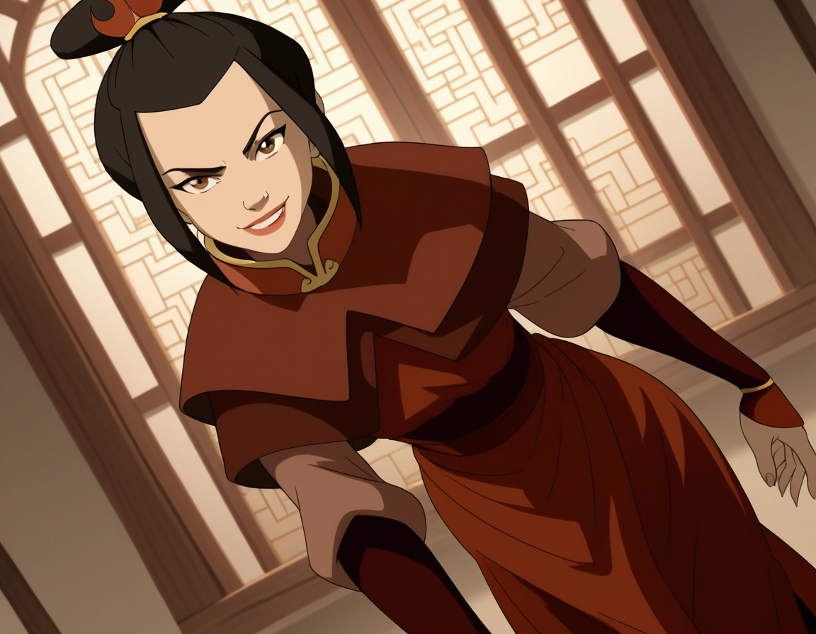 score_9, score_8_up, score_7_up, source_anime, <lora:azula-book2-ponyxl-lora-nochekaiser:1>, azula, black hair, brown eyes, topknot, sidelocks, hair bun, single hair bun, chinese clothes, capelet, sash, long sleeves, elbow gloves, , indoors, bent over, smile, looking at viewer, solo, cowboy shot, dutch angle