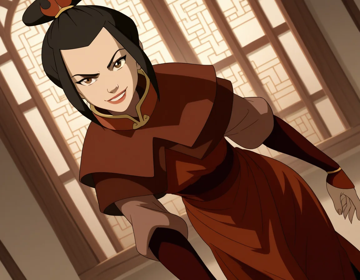 score_9, score_8_up, score_7_up, source_anime, <lora:azula-book2-ponyxl-lora-nochekaiser:1>, azula, black hair, brown eyes, topknot, sidelocks, hair bun, single hair bun, chinese clothes, capelet, sash, long sleeves, elbow gloves, , indoors, bent over, smile, looking at viewer, solo, cowboy shot, dutch angle