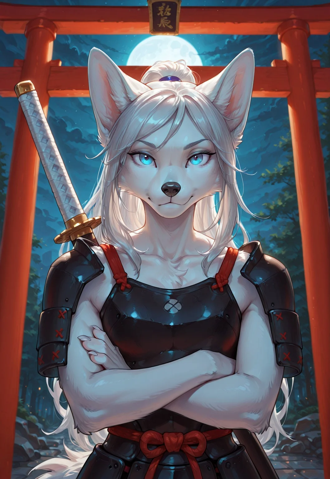 score_9, score_8_up, score_7_up, (solo), sfw, ITMStyle
BREAK 1girl, mika moro, anthro, feline, slim, (samurai armor), long hair, front view, (katana on back:1.2), canine, blue eyes, white fur, white hair, glowing eyes
BREAK portrait, face close up, dynamic angle, dynamic pose, crossed arms, extremely detailed, cinematic soft lighting, tranquil setting, torii gate, night, sharp focus, extremely detailed, high detail
BREAK detailed eyes, detailed hair, depth of field, detailed fluffy fur, photorealistic details