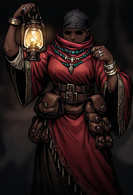 masterpiece, best quality, newest, absurdres, highres, DDstyle, official style, black eyes, shaded eyes, 1girl, DDAntiq-V1.1, scarf, bandana, robe, dark-skinned female, dark skin, belt pouch, pouch, necklace, belt, ring, bracelet, lantern, holding, holding lantern,