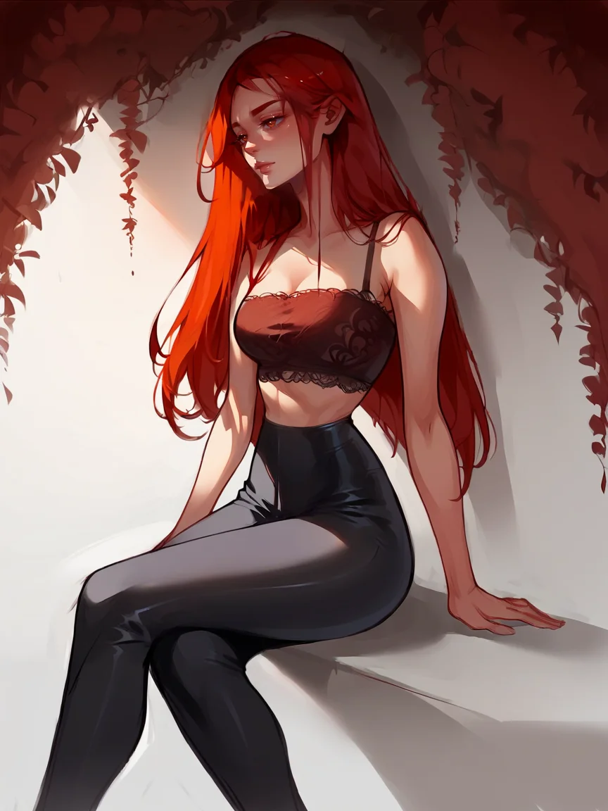 score_9, score_8_up, score_7_up, score_6_up, score_5_up, <lora:itsyelizXLP:1> itsyeliz,, 1girl, black pants, curvy, long hair, red hair, sitting, lace top
