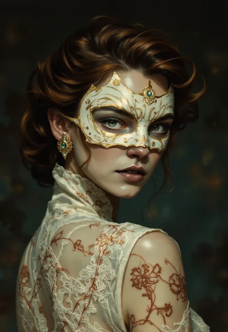 A hyper-realistic close-up digital illustration of a striking woman with alabaster skin, accented with subtle traces of pale lavender, her gaze unwavering and enigmatic. Her voluminous, wavy chestnut-brown hair is elegantly styled into an elaborate updo, with loose tendrils framing her face, giving her a regal yet effortless grace. Her deep emerald-green eyes are lined with smudged charcoal, adding an air of mystery, while her full lips are painted in a muted, antique rose shade. Covering the right side of her face is an ornate Venetian-style mask made of ivory porcelain, adorned with intricate gold filigree patterns and delicate, hand-painted motifs in deep burgundy and faded teal, evoking a sense of old-world artistry. She wears an elegant, high-necked, cream-colored lace gown with intricate embroidery, the fabric draping softly over her shoulders. Subtle yet striking patterns in deep sapphire and burnt orange thread weave through the lace, standing out against the delicate fabric, adding a touch of subdued vibrancy. The background is a moody blend of deep mahogany, faded gold, and dusky blue, softly blurred to enhance the subject’s timeless elegance. The lighting is gentle yet dramatic, casting soft shadows that emphasize the fine details of her mask, gown, and delicate features, creating an 8K masterpiece of classic, surreal beauty.