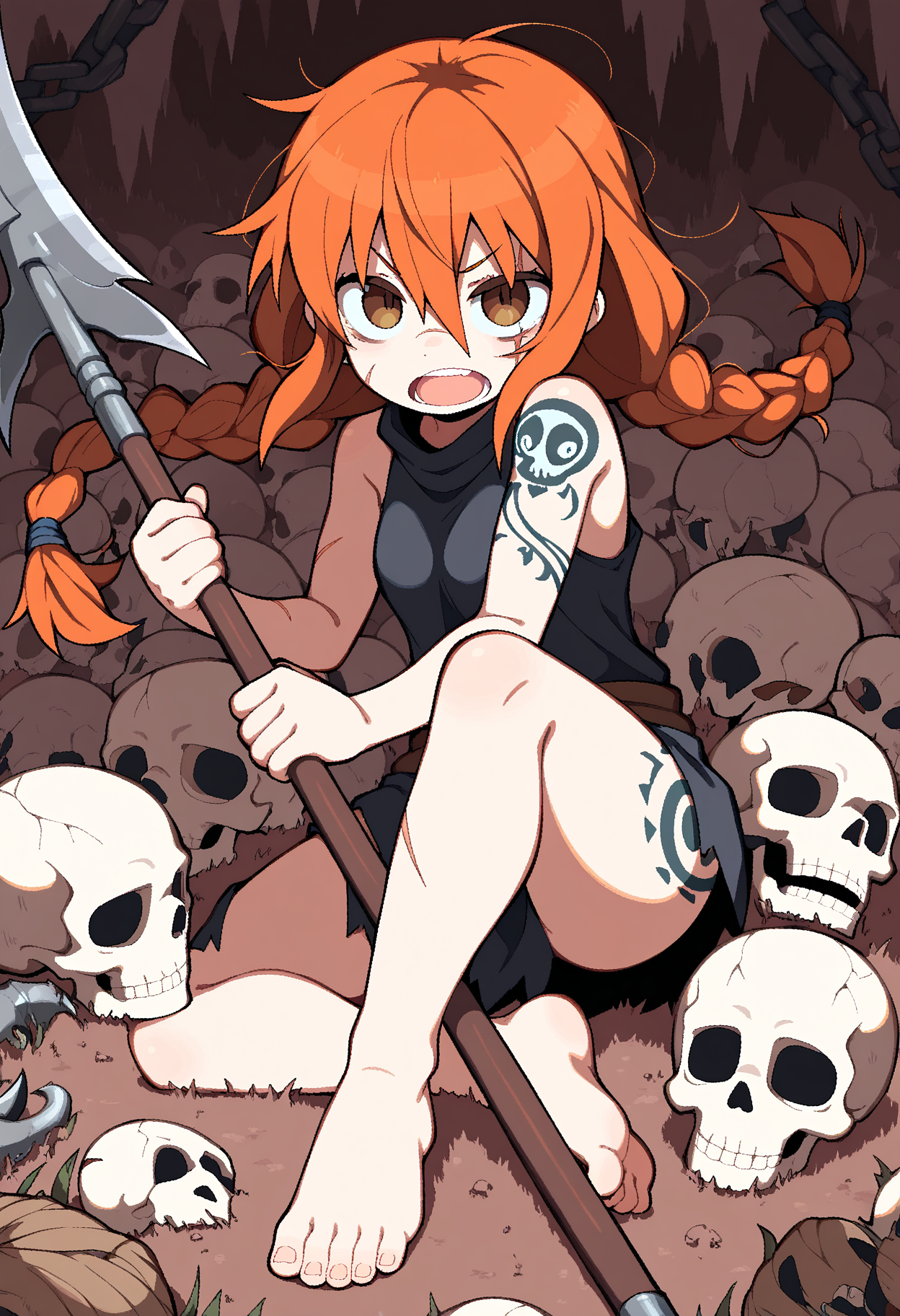 masterpiece,best quality,amazing quality,
1girl, weapon, braid, solo, barefoot, twin braids, open mouth, skull, holding, holding weapon, long hair, looking at viewer, tattoo, bodypaint, brown hair, brown eyes, hair between eyes, scar, polearm, orange hair,
<lora:AverageHanzo_epoch_10:1>