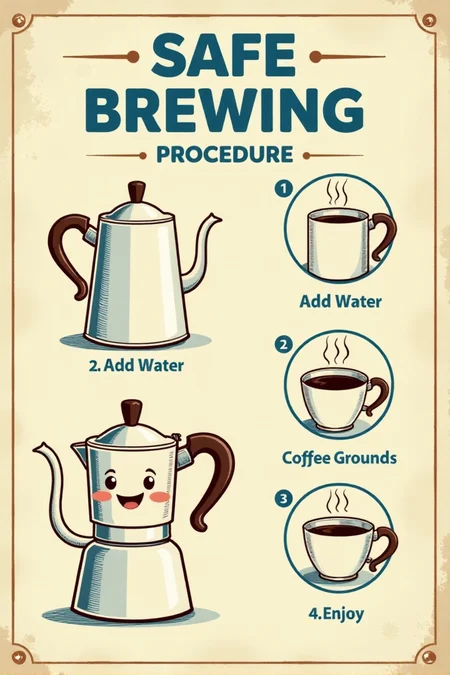 "Visualize a vintage informational safety sign featuring a friendly cartoon coffee pot with a spout that's winking. Next to it are simple step-by-step illustrations showing how to safely operate a vintage percolator: 1. Add Water, 2. Add Coffee Grounds, 3. Plug In, 4. Enjoy! The sign reads in neat blue lettering on a cream background: 'SAFE COFFEE BREWING PROCEDURE.' The cartoon style should be clean and instructional, like a page from an old appliance manual, with clear line drawings and minimal shading. Include small details like arrows pointing to the different parts of the coffee maker. 8k resolution, vintage instructional diagram style, helpful and easy to follow, providing clear instructions for safe coffee preparation." <lora:REMEs_War_Poster_Style:0.95> In REME's War Poster Style,âââ