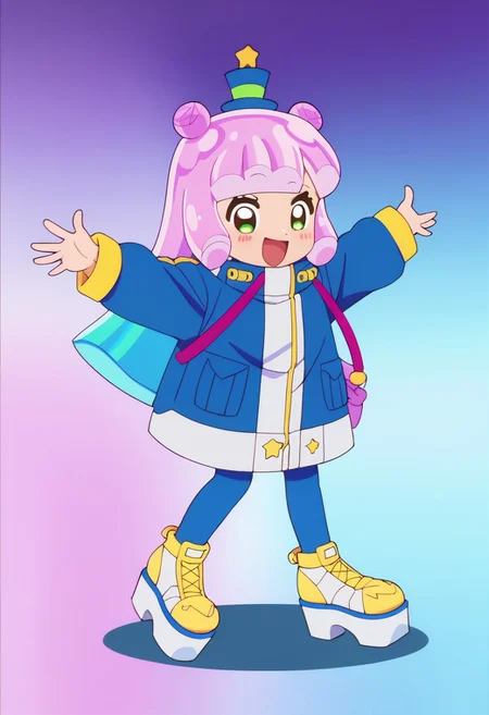 score_9, score_8_up, score_7_up BREAK Puniru, 1girl, long pink cyan gradient hair, odango hair, blunt bangs, green eyes, blue top hat with green band and star, white blue jacket with yellow accents, short blue tights, yellow white platform shoes, white shoe soles, screenshot, official art, parody, anime footage, official design, screencap, anime screenshot, official screenshot, 2d, anime, source_anime, full body, happy dancing,