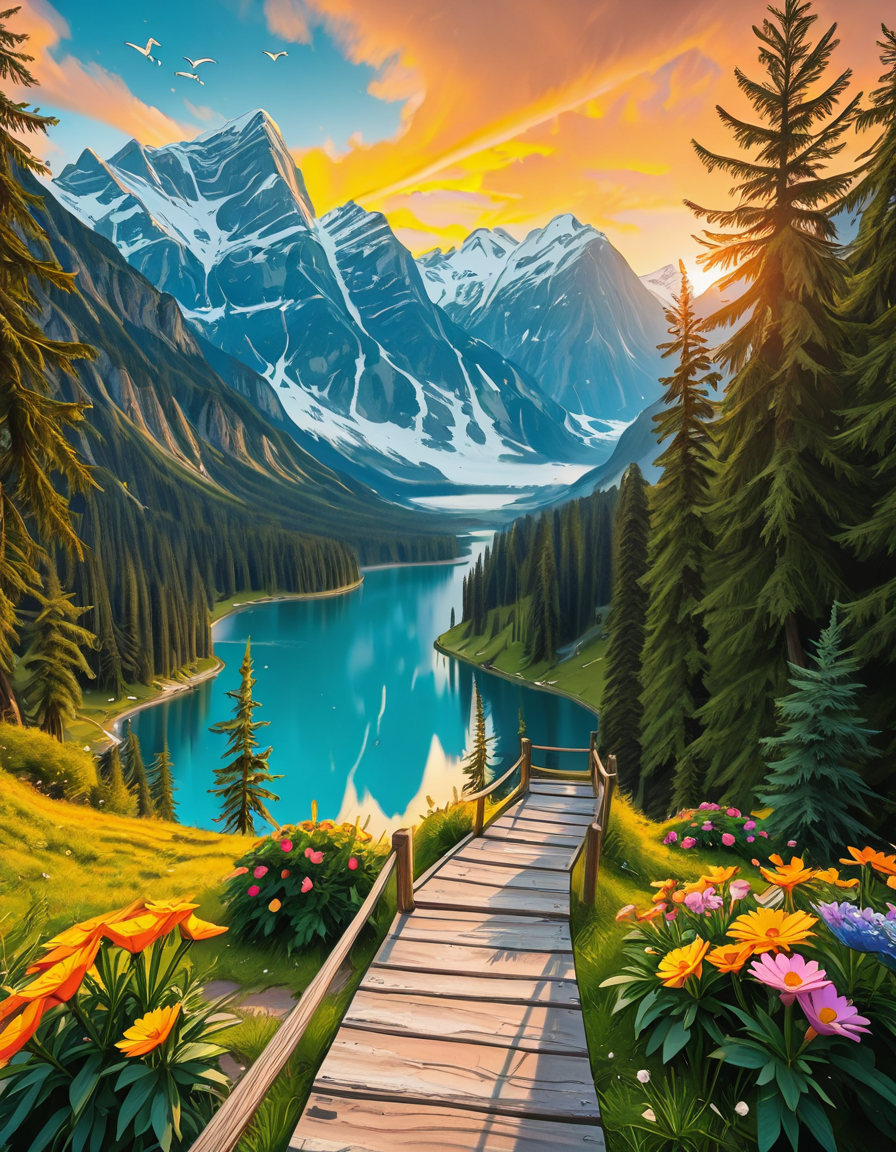 A breathtaking, high-resolution photograph of the most beautiful place on Earth, where natureâs wonders blend in perfect harmony. Towering, snow-capped mountains rise majestically in the background, their peaks glowing under the golden hues of a setting sun. Below, a crystal-clear turquoise lake reflects the colors of the sky, surrounded by lush, green forests filled with ancient trees, vibrant wildflowers, and cascading waterfalls. A soft mist rises from the valley, adding a dreamlike quality to the scene. In the distance, rolling meadows stretch toward the horizon, dotted with colorful flowers and serene wildlifeâgraceful deer grazing, birds soaring in the sky, and butterflies dancing in the breeze. A wooden footpath winds through the landscape, leading to a secluded, tranquil spot where the beauty of nature can be fully admired. The air is crisp and filled with the soothing sounds of rustling leaves, flowing water, and distant birdsong. The sky above is a masterpiece of colorsâdeep oranges, purples, and pinks blending seamlessly as the sun sets, casting a magical glow over this untouched paradise. The atmosphere is peaceful, awe-inspiring, and filled with a deep sense of wonder and tranquility, as if stepping into a perfect dream.
<lora:SDXLFaeTastic2400:0.4> <lora:extremely_detailed:0.4> extremely detailed,Earth P4r4d1s3, <lora:Earth_P4r4d1s3-i:1>, Masterpiece,best quality,hi res,8k,hi res,8k,award winning,(sharp focus, intricate, highly detailed),