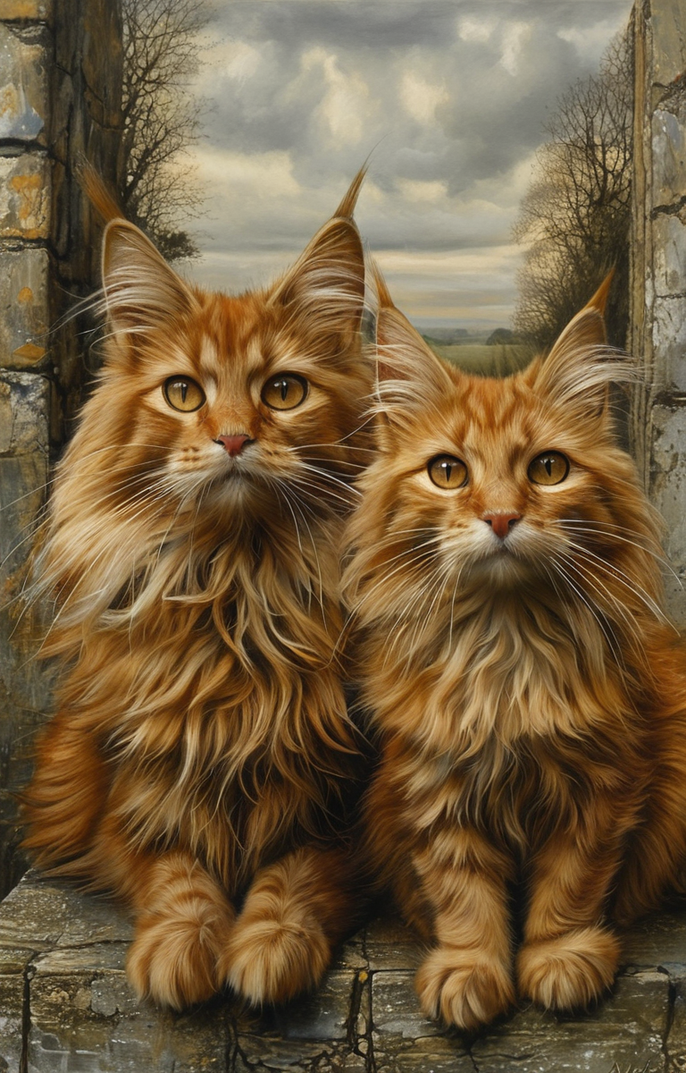 masterpiece,best quality,<lora:tbh163-sdxl:0.9>,illustration,style of Mike Worrall, cute Mainecoon cat and Abyssinian cat