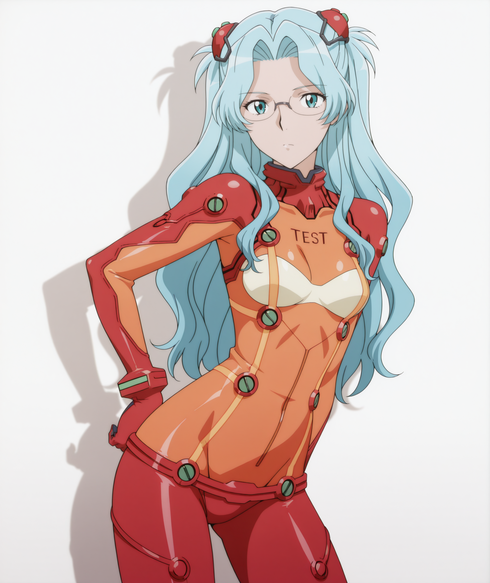 official art, absurdres, highres, anime coloring, hi res, best quality, masterpiece, 2d, intricate details, 4k, shadow, 
1girl, solo, female, nose, long hair, blue hair, hair intakes, wavy hair, shiny hair, 
hair ornament, bodysuit, multicolored clothes, pilot suit, plugsuit, red bodysuit, interface headset, hairpods, orange bodysuit, multicolored bodysuit, test plugsuit, souryuu asuka langley \(cosplay\), neon genesis evangelion,
cowboy shot, contrapposto, 
depth of field, white background, <lora:Eva_Aensland_(Character)_ILXL:1>