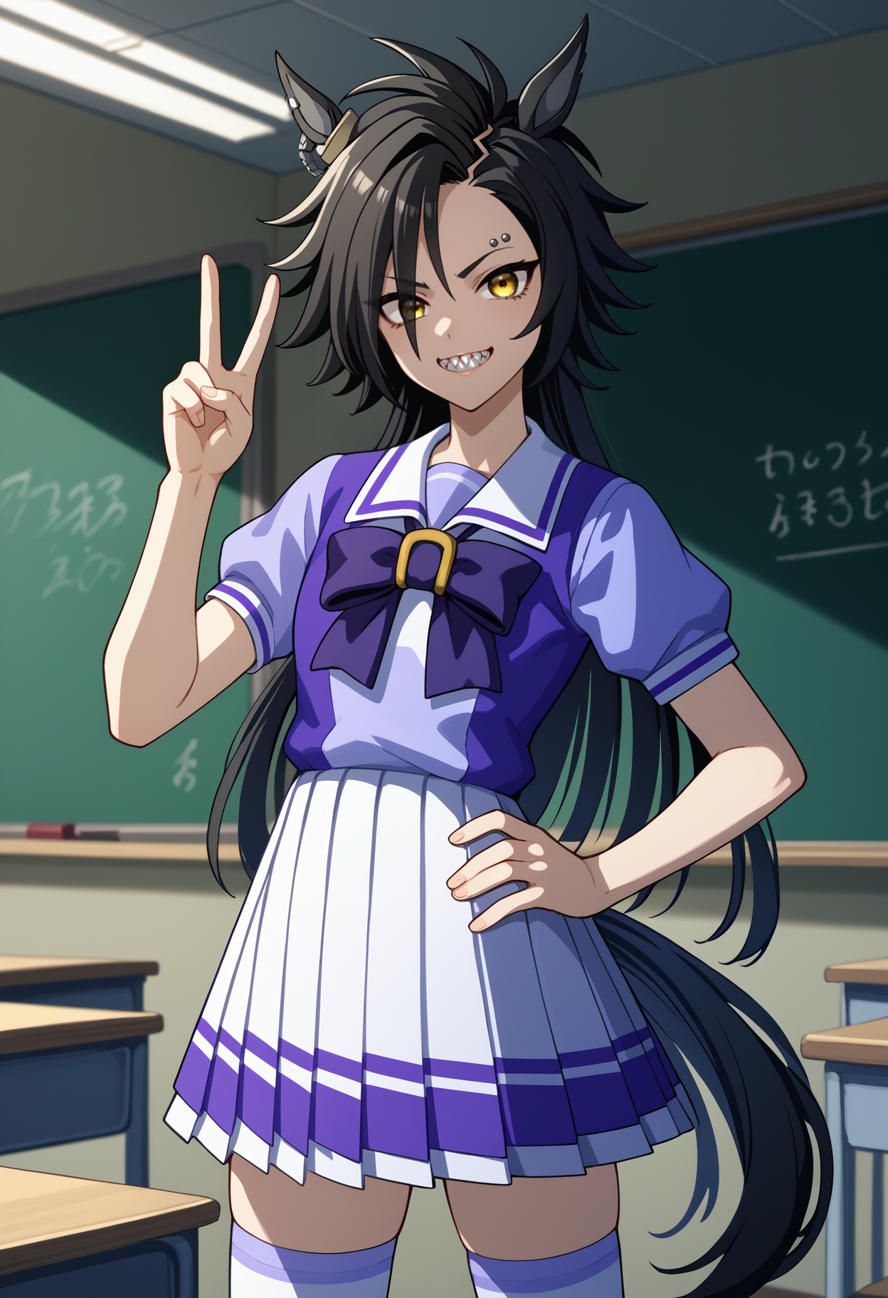 score_9, score_8_up, score_7_up, source_anime, <break> solo, 1girl, airshakurdef, horse tail, sharp teeth, grin, looking at you, standing, peace sign, hand on own hip, legs apart, asymmetrical bangs, horse ears, ear ornament, yellow eyes, tracen school uniform, purple shirt, purple bow, horseshoe ornament, puffy short sleeves, white skirt, pleated skirt, white thighhighs, eyebrow piercing, ear piercing, indoors, classroom
<segment:yolo-face_yolov8m.pt,0.4,0.5//cid=1>