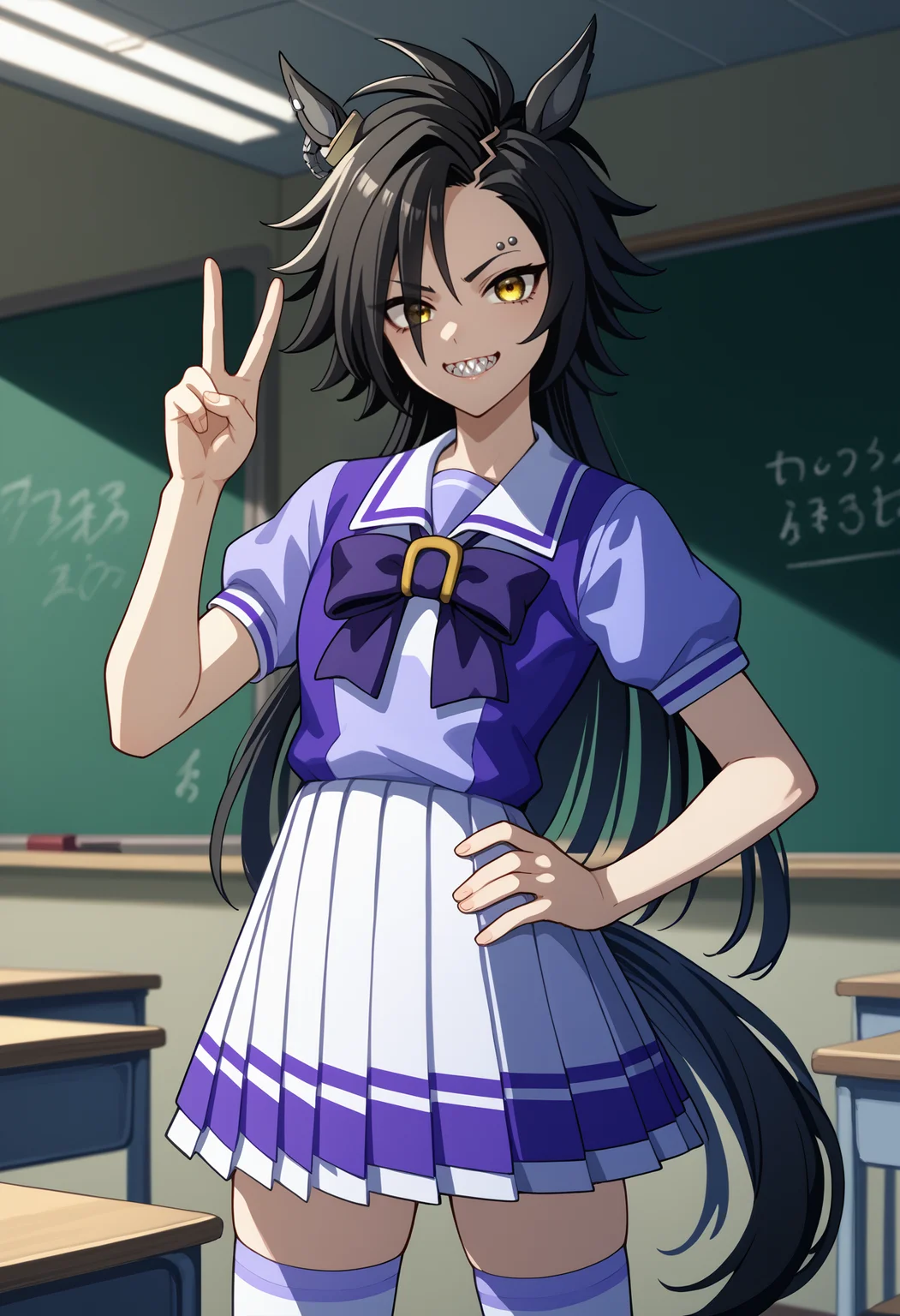 score_9, score_8_up, score_7_up, source_anime, <break> solo, 1girl, airshakurdef, horse tail, sharp teeth, grin, looking at you, standing, peace sign, hand on own hip, legs apart, asymmetrical bangs, horse ears, ear ornament, yellow eyes, tracen school uniform, purple shirt, purple bow, horseshoe ornament, puffy short sleeves, white skirt, pleated skirt, white thighhighs, eyebrow piercing, ear piercing, indoors, classroom
<segment:yolo-face_yolov8m.pt,0.4,0.5//cid=1>
