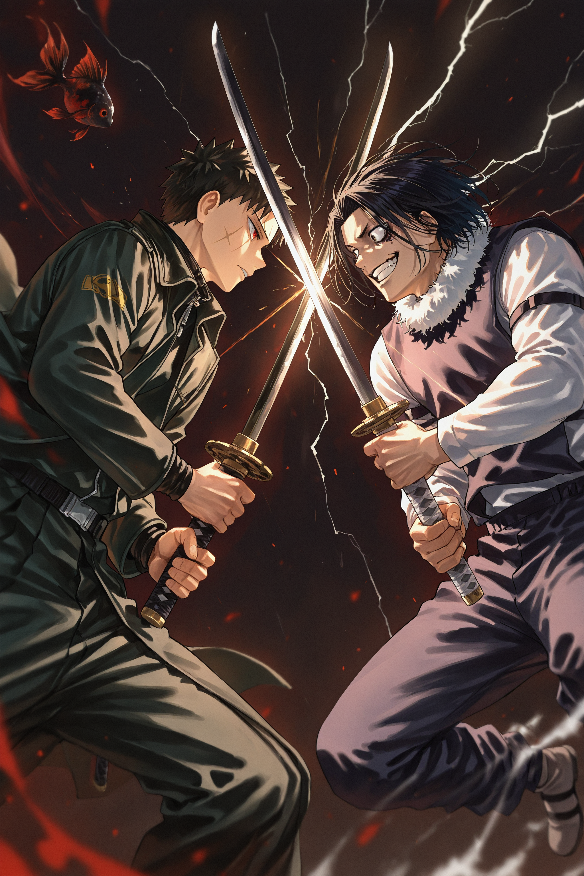 masterpiece, best quality, absurdres, safe
2boys, sword clash, holding sword, katana,
chihiro rokuhira, red eyes, scar on face, black goldfish,
dark background, 
BREAK
masterpiece, best quality, absurdres, safe
2boys, sword clash, holding sword, katana,
genichi sojo, black hair, white shirt, smile, jumping, lightning, 
dark background, 
<lora:sword_clash_il_2_v4_d16_final:1>
<lora:kagurabachi_il_1_d16:1>